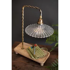 Gooseneck Table Lamp with Wooden Tray Base and Glass Shade 1