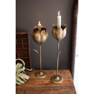 Set of 2 Antique Brass Tulip Taper Candle Holders 4