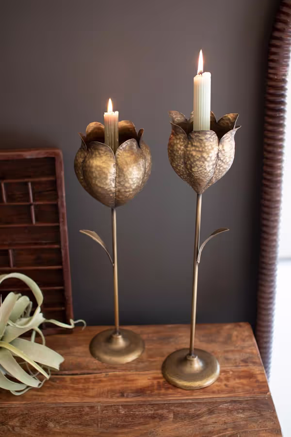 Set of 2 Antique Brass Tulip Taper Candle Holders