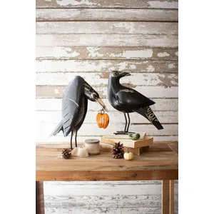 Set of 2 Recycled Iron Crows Holding a Pumpkin 1
