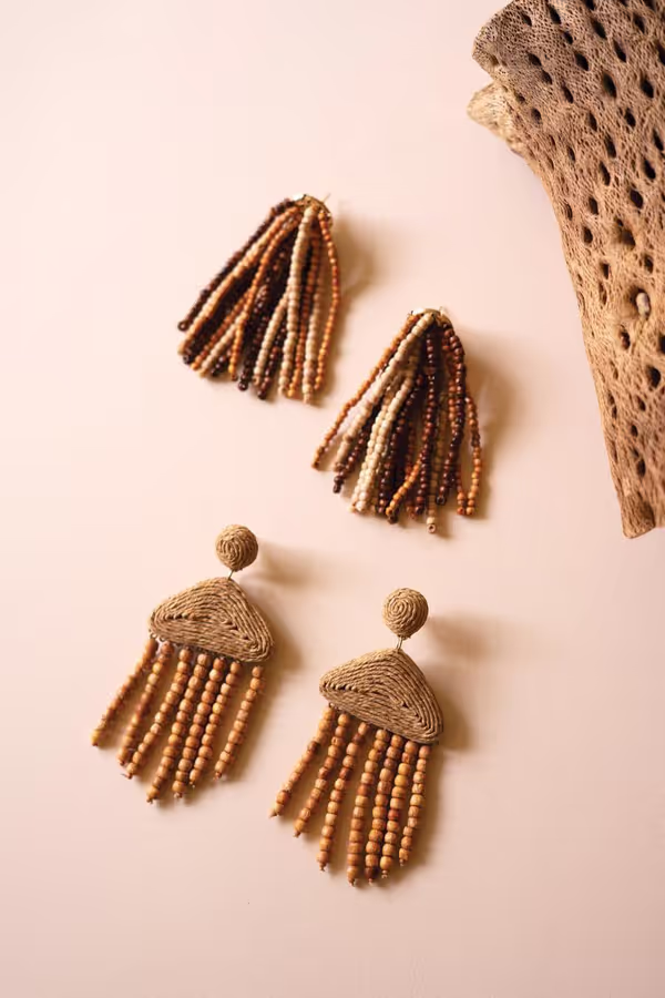 Raffia and Mango Wood Beaded Earrings