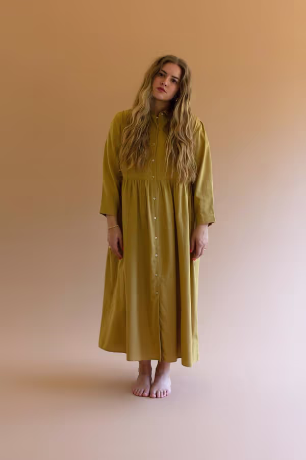 Long-Sleeve Buttondown Dress with Pockets - Pistachio