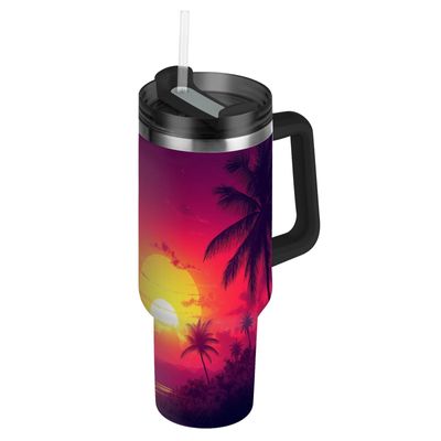 30 OZ DOUBLE WALL TUMBLER W STRAW - SUNSET PALM TREES