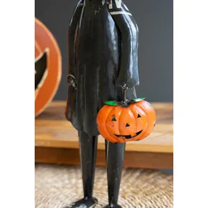 Recycled Iron Standing Black Halloween Cat Holding Pumpkin 2
