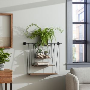 METAL/WOOD 29" 3-TIER HANGING WALL SHELF, BROWN 2