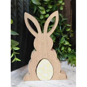 Wooden Bunny with Enamel Egg Cutout 3D 5.5in 2