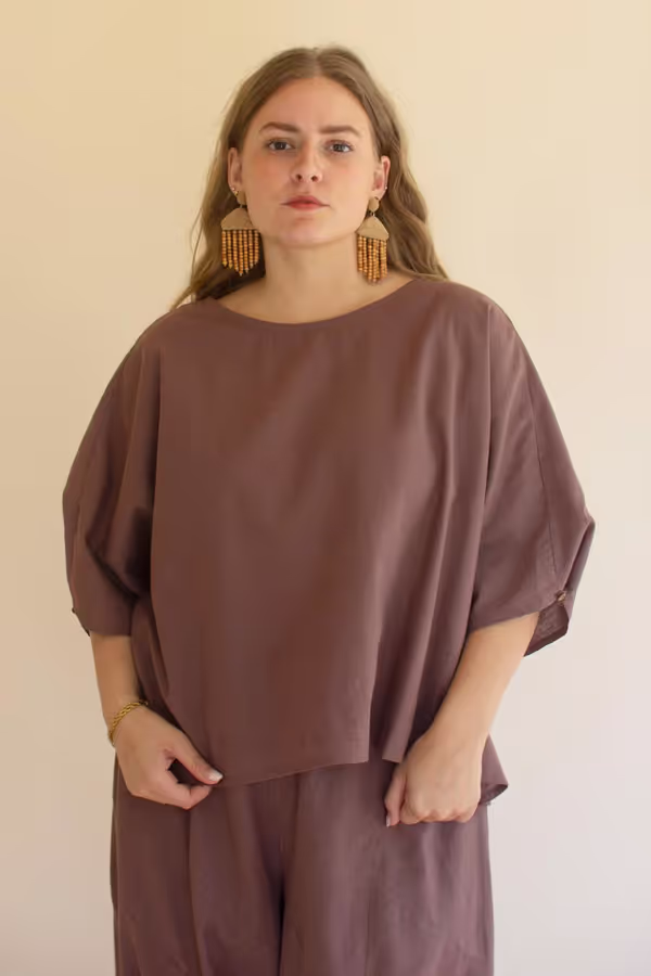 Short-Sleeve Blouse with Button Detail on Sleeves / Mulberry