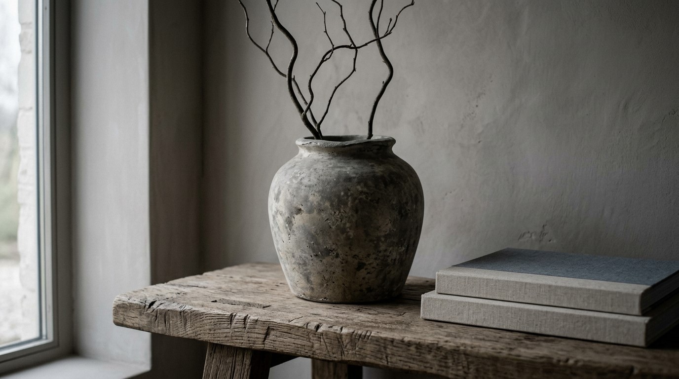 Weathered mottled vessel with bare branches on a rustic oak table