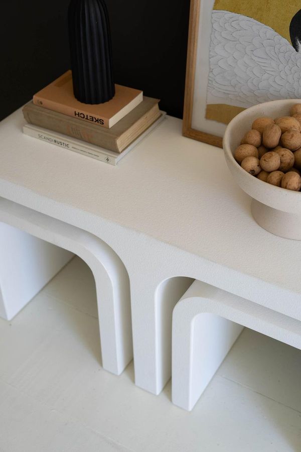 Textured White Wood Rectangle Coffee Table with Nesting Accent Tables
