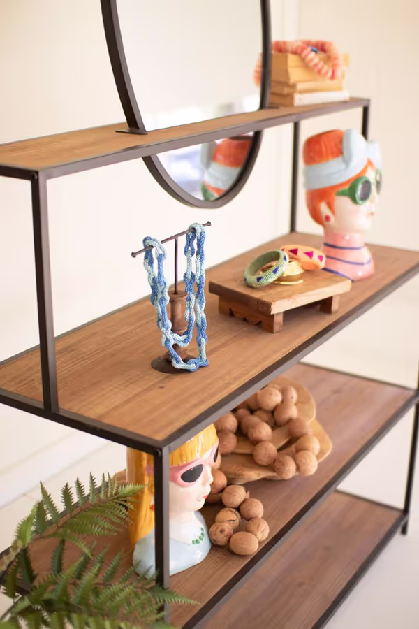Metal and Wood Display Shelves with Mirror