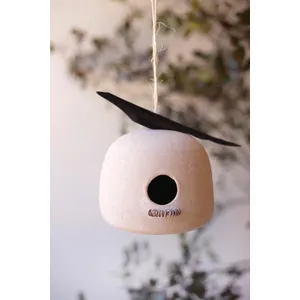 Hanging Clay Birdhouse with Carved Wooden Bird Detail 1