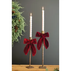 Set of 2 Antique Brass Taper Candle Holders with Velvet Bows 1