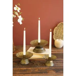 Set of 3 Antique Gold Taper Candle Holders with Fluted Bases 1
