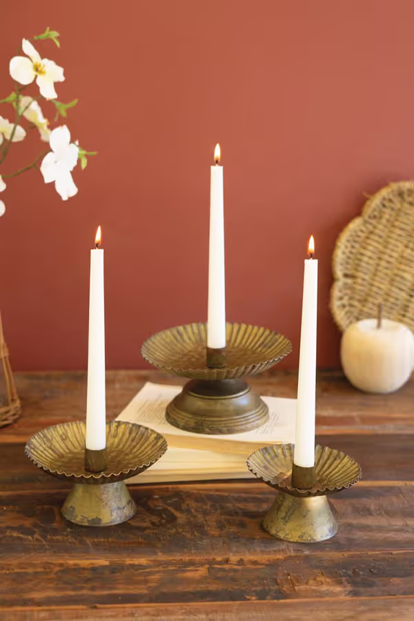 Set of 3 Antique Gold Taper Candle Holders with Fluted Bases