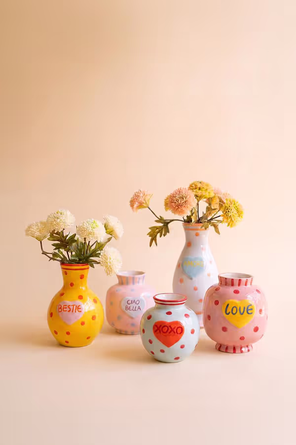 Set of 5 Ceramic Hearts with Words Vases