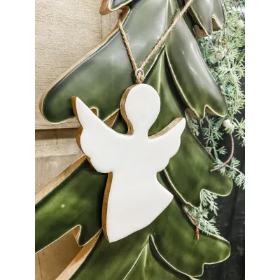 Wooden Hanging Angel w/ White Enamel 3x4in
