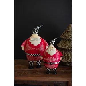 Set of 2 Painted Metal Santas with Checkered Detail 1