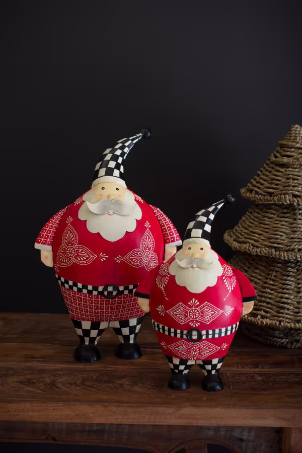 Set of 2 Painted Metal Santas with Checkered Detail