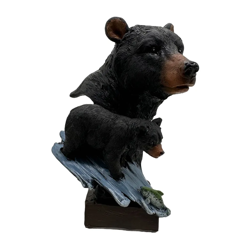 6" BEAR HEAD WITH CUB AND FISH STATUE