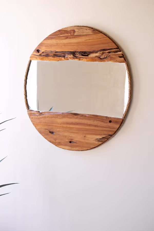 Round Recycled Wood Framed Mirror with Rope Detail