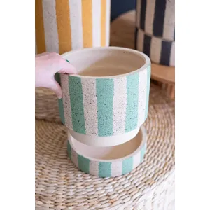 Set of 3 Striped Clay Planters with Trays 4
