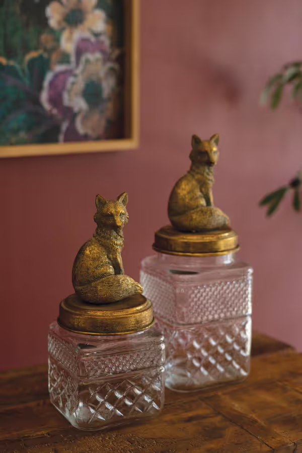 Set of 2 Resin and Glass Fox Canisters