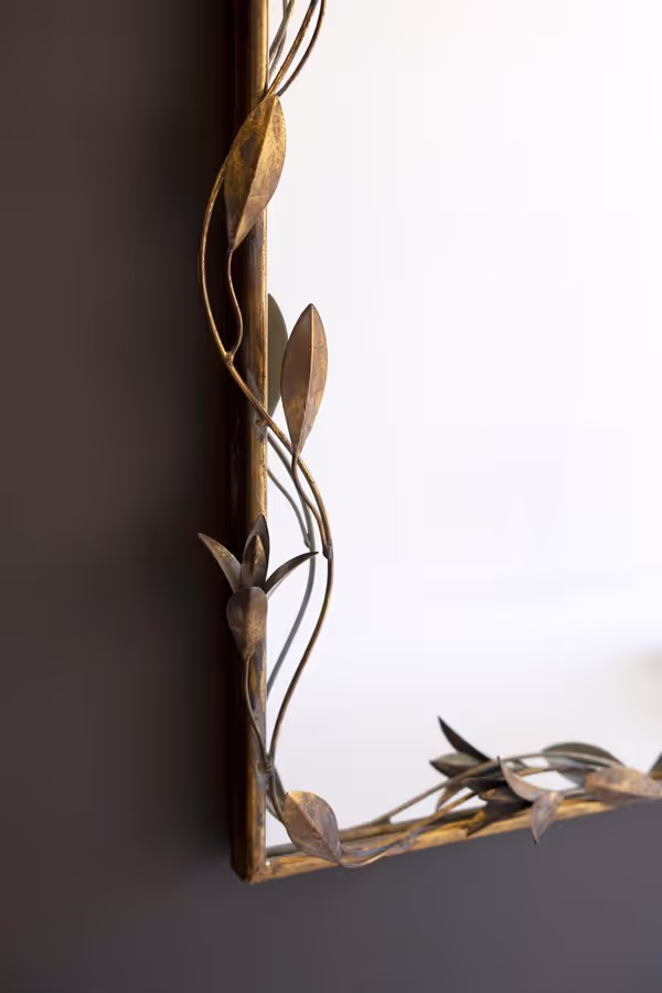 Tall Arched Antique Brass Framed Mirror with Leaves