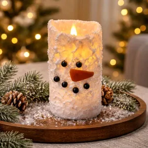 Snowman Bumpy White Moving Flame LED Candle 3in by 6in 1