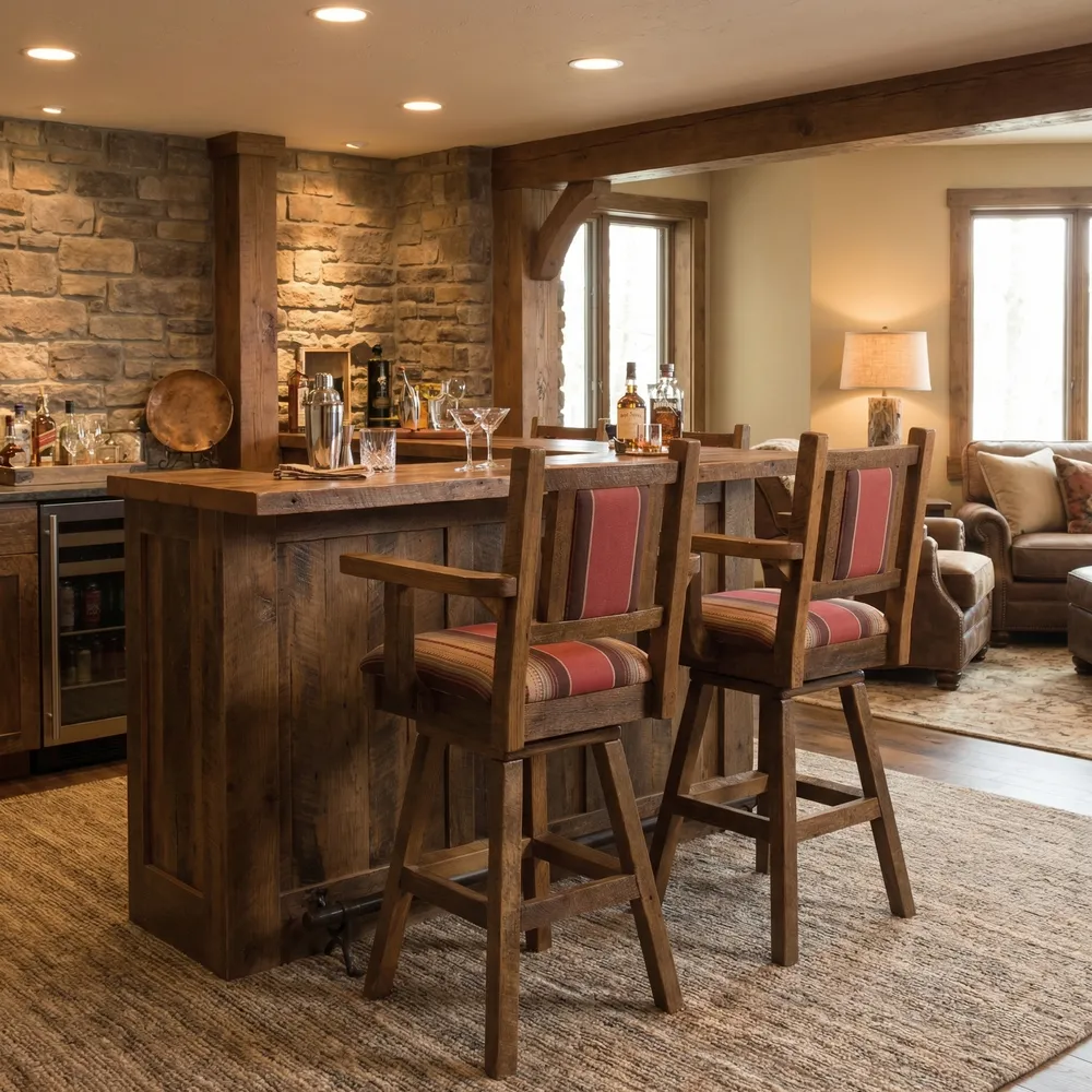 Barnwood Square Swivel Counter Stool with Back and Arms - Upholstered Seat and Back - Upgrade