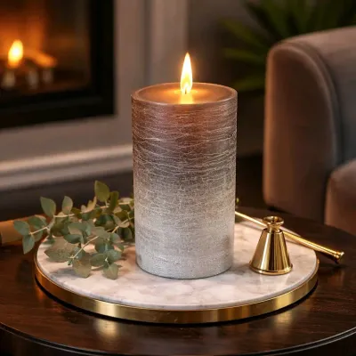 Rustic and Fading Brown & Silver Moving Flame Candle 3x6in