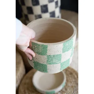 Set of 3 Checkered Clay Planters with Trays 2