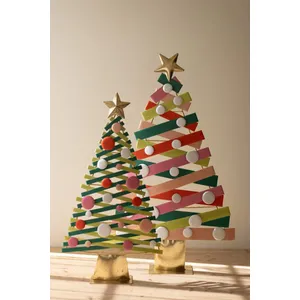 Set of 2 Colorful Painted Metal Christmas Trees with Gold Bases 3
