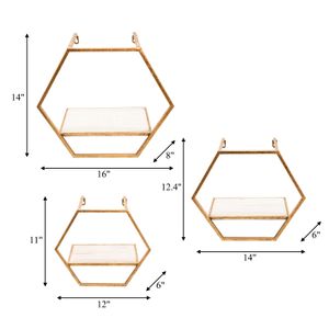 S/3 METAL/WOOD HEXAGON WALL SHELVES, GOLD 7