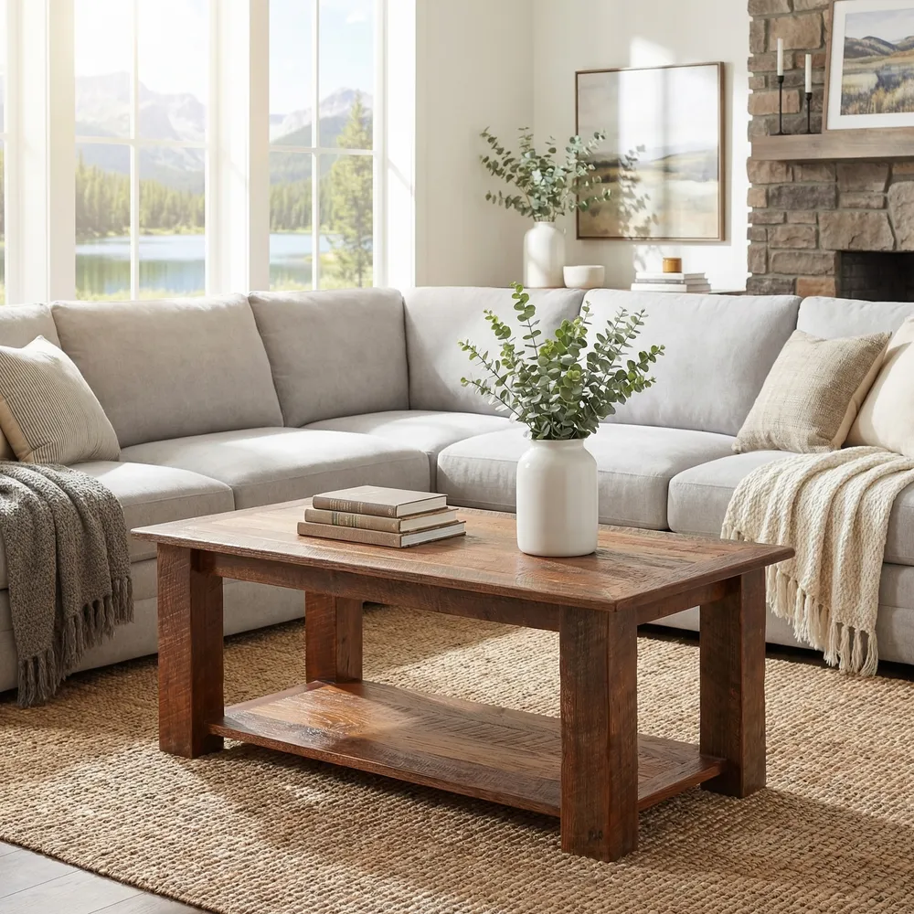 Barnwood Rectangle Coffee Table with Shelf - 48" x 24" - Standard
