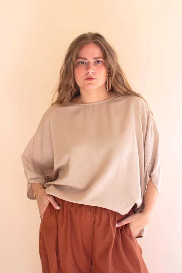 Short-Sleeve Blouse with Button Detail on Sleeves / Oatmeal