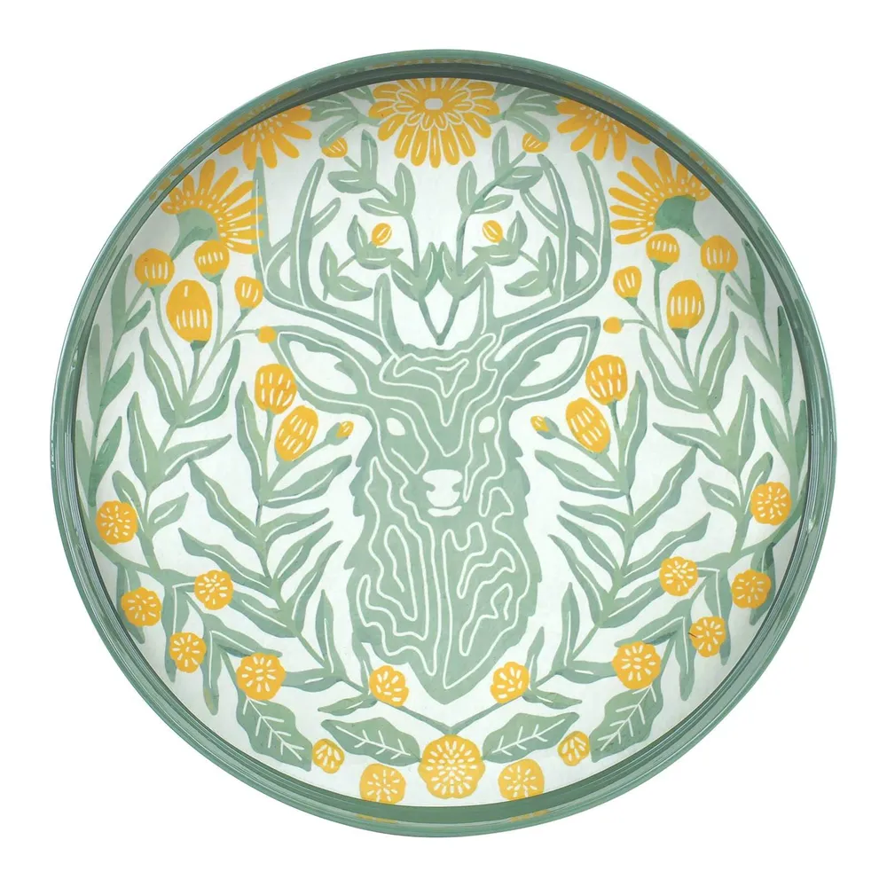 Floral Stag Round Lacquer Serving Tray
