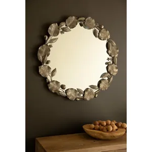 Round Rustic Metal Framed Mirror with Leaf and Fruit Detail 5