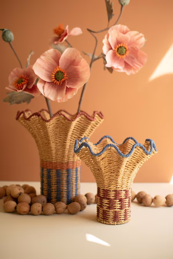Set of 2 Twisted Paper Vases with Ruffled Rims
