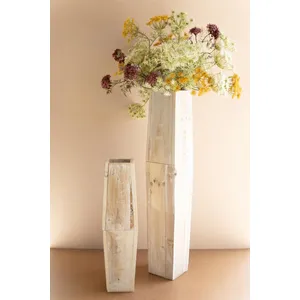 Set of 2 White-Washed Tall Oblong Wooden Vases 4