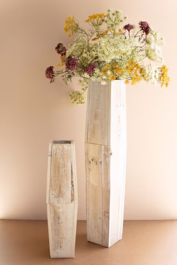 Set of 2 White-Washed Tall Oblong Wooden Vases