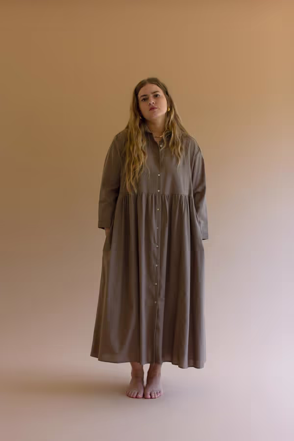 Long-Sleeve Buttondown Dress with Pockets - Mocha
