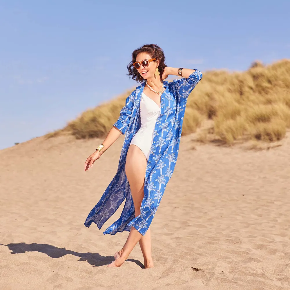 Palms Blue Cotton Long Shirt Dress