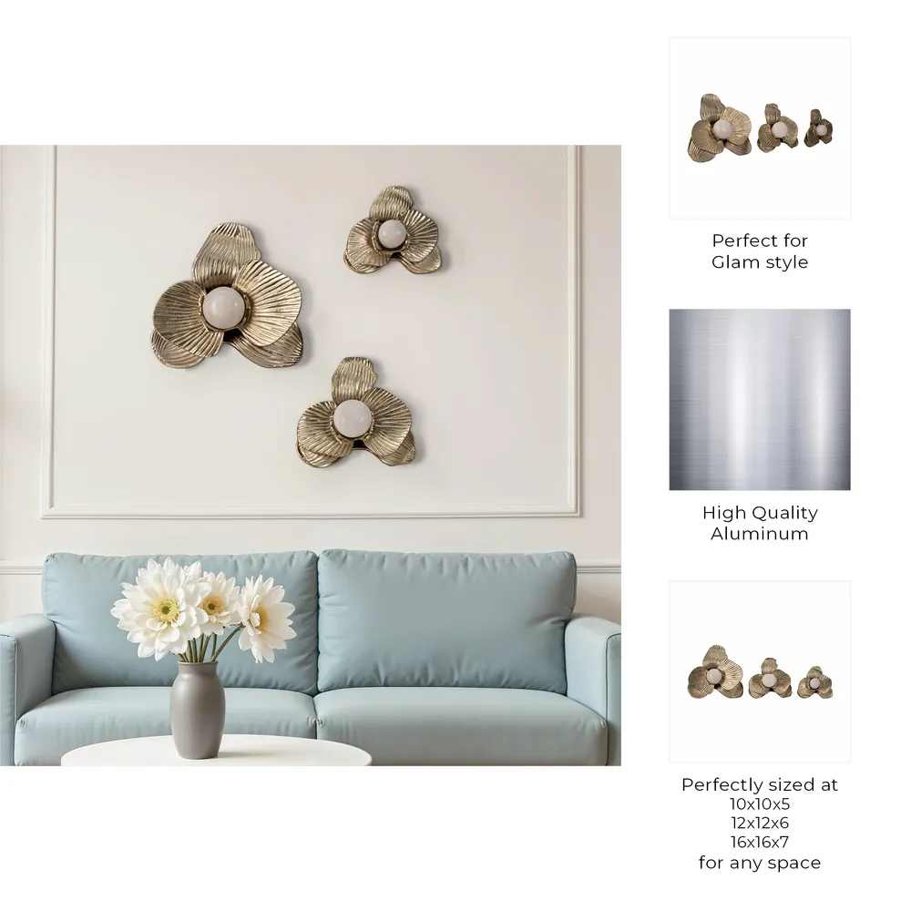 ARLOCREST SET OF 3 GOLD WALL FLOWERS 7 (IN)