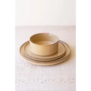 Set of 3 Khaki Ceramic Dinner Plate, Salad Plate and Bowl with Ridges 1