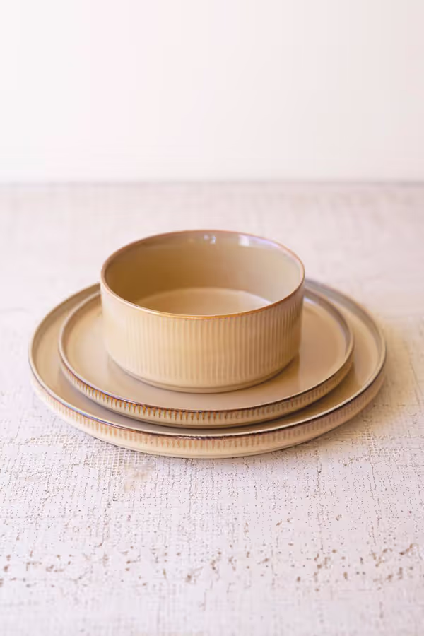 Set of 3 Khaki Ceramic Dinner Plate, Salad Plate and Bowl with Ridges