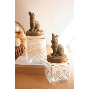 Set of 2 Resin and Glass Rabbit Canisters 2