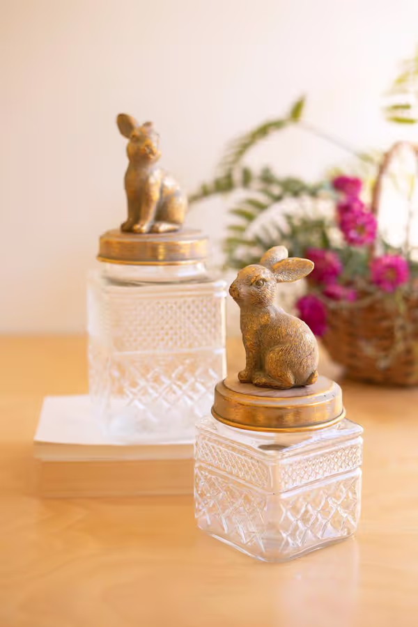 Set of 2 Resin and Glass Rabbit Canisters