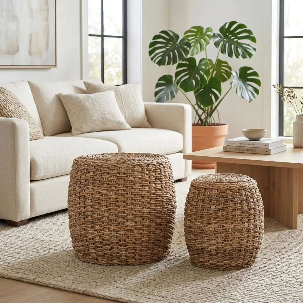 ZANEWELL SET OF 2 TAN OTTOMANS 17 (IN)