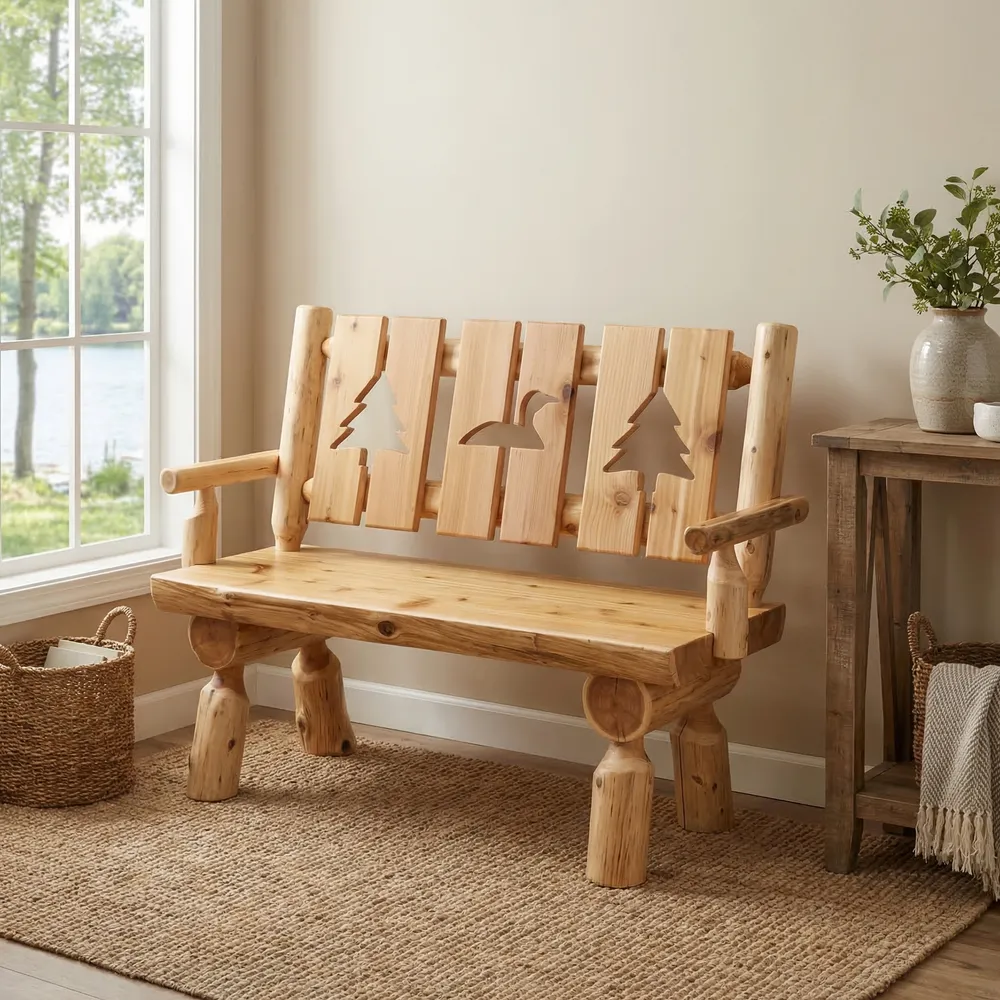 Cedar Log 4-foot Cut-out Bench with back and arms - Wood Seat - Coffee
