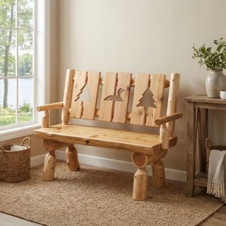 Cedar Log 4-foot Cut-out Bench with back and arms - Wood Seat - Coffee